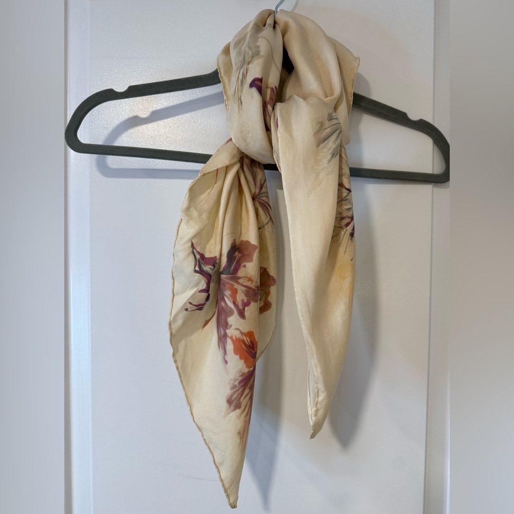 Floral Square Scarf Cream Sheer Lightweight Neck Head Scarf - Picture 2 of 5